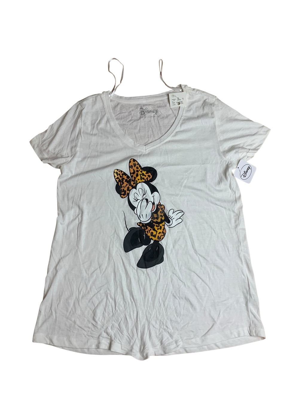 NWT Disney Minnie Mouse Leopard Print Bow V-Neck Tee White Size L